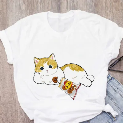 Women Cute Cartoon Cat Casual White T-Shirt