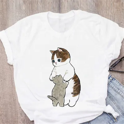 Women Cute Cartoon Cat Casual White T-Shirt