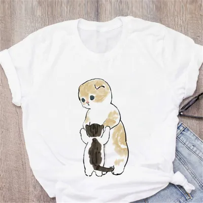 Women Cute Cartoon Cat Casual White T-Shirt