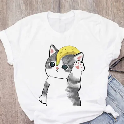 Women Cute Cartoon Cat Casual White T-Shirt