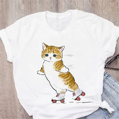 Women Cute Cartoon Cat Casual White T-Shirt
