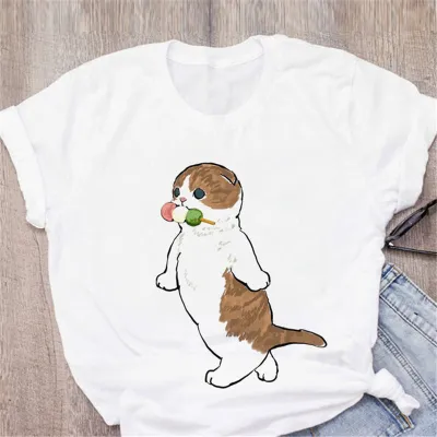 Women Cute Cartoon Cat Casual White T-Shirt