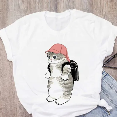 Women Cute Cartoon Cat Casual White T-Shirt