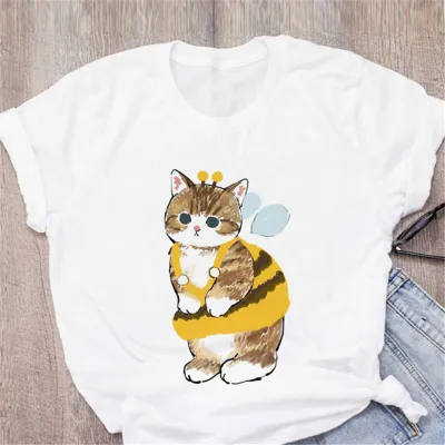 Women Cute Cartoon Cat Casual White T-Shirt