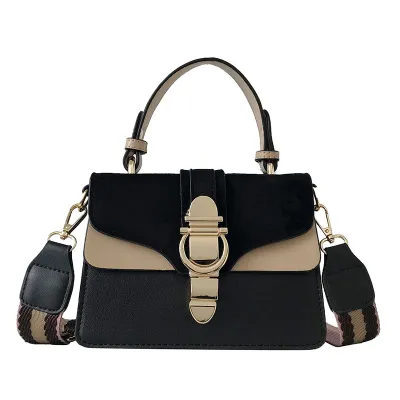 Women Fashion Retro Color Matching Wide Strap Shoulder Bag PU Street Fashion Small Square Handbag