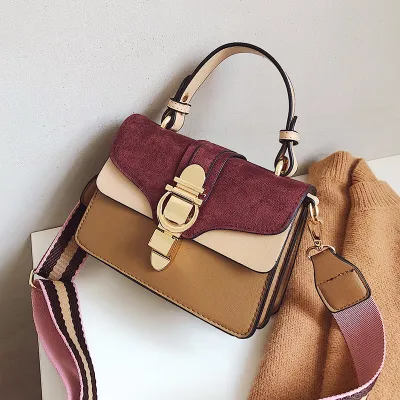 Women Fashion Retro Color Matching Wide Strap Shoulder Bag PU Street Fashion Small Square Handbag