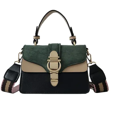 Women Fashion Retro Color Matching Wide Strap Shoulder Bag PU Street Fashion Small Square Handbag