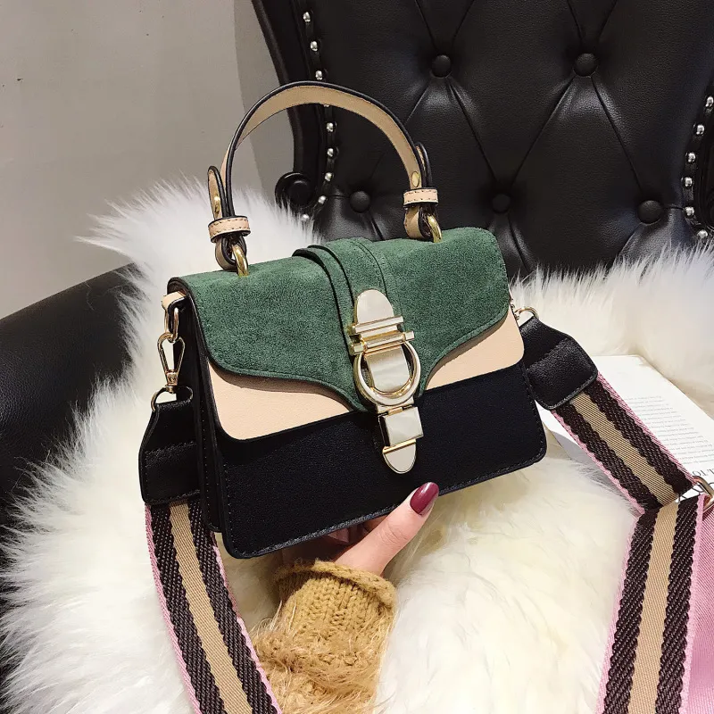 Women Fashion Retro Color Matching Wide Strap Shoulder Bag PU Street Fashion Small Square Handbag