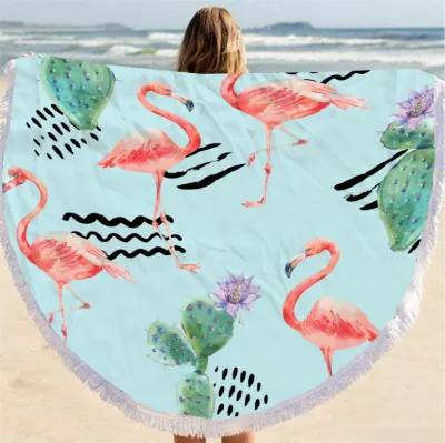 Summer Simple Printing Round Microfiber Beach Towel With Cotton Tassel