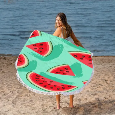 Summer Simple Printing Round Microfiber Beach Towel With Cotton Tassel