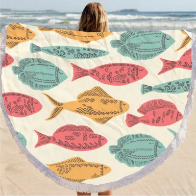 Summer Simple Printing Round Microfiber Beach Towel With Cotton Tassel