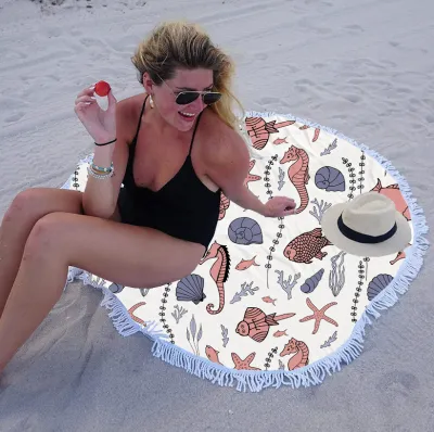 Summer Simple Printing Round Microfiber Beach Towel With Cotton Tassel