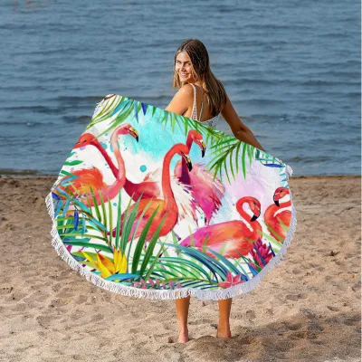 Summer Simple Printing Round Microfiber Beach Towel With Cotton Tassel