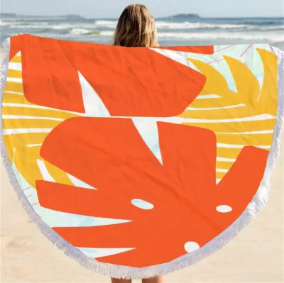 Summer Simple Printing Round Microfiber Beach Towel With Cotton Tassel