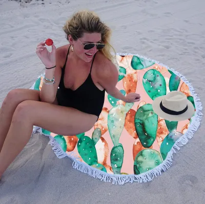 Summer Simple Printing Round Microfiber Beach Towel With Cotton Tassel