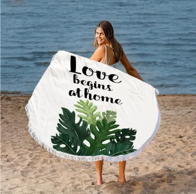 Summer Simple Printing Round Microfiber Beach Towel With Cotton Tassel