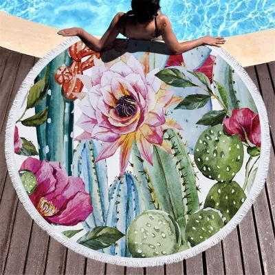 Summer Simple Printing Round Microfiber Beach Towel With Cotton Tassel
