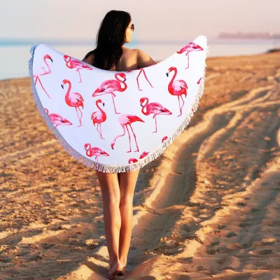 Summer Simple Printing Round Microfiber Beach Towel With Cotton Tassel
