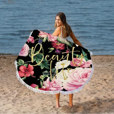 Summer Simple Printing Round Microfiber Beach Towel With Cotton Tassel