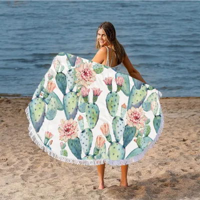Summer Simple Printing Round Microfiber Beach Towel With Cotton Tassel