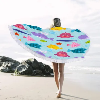 Summer Simple Printing Round Microfiber Beach Towel With Cotton Tassel