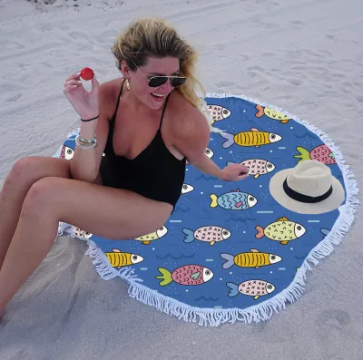 Summer Simple Printing Round Microfiber Beach Towel With Cotton Tassel