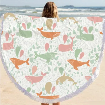 Summer Simple Printing Round Microfiber Beach Towel With Cotton Tassel