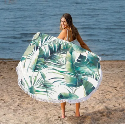 Summer Simple Printing Round Microfiber Beach Towel With Cotton Tassel