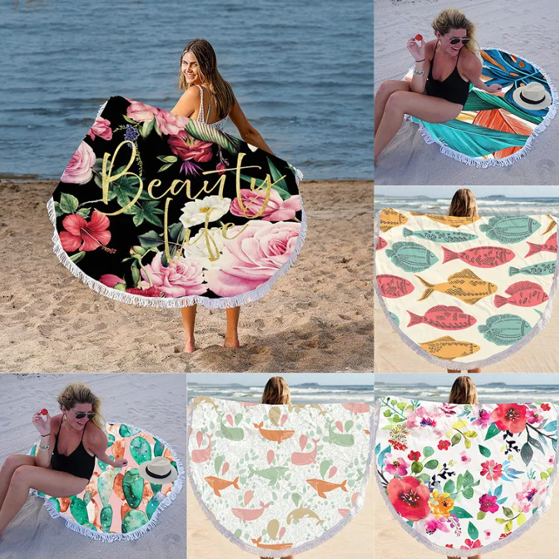 Summer Simple Printing Round Microfiber Beach Towel With Cotton Tassel