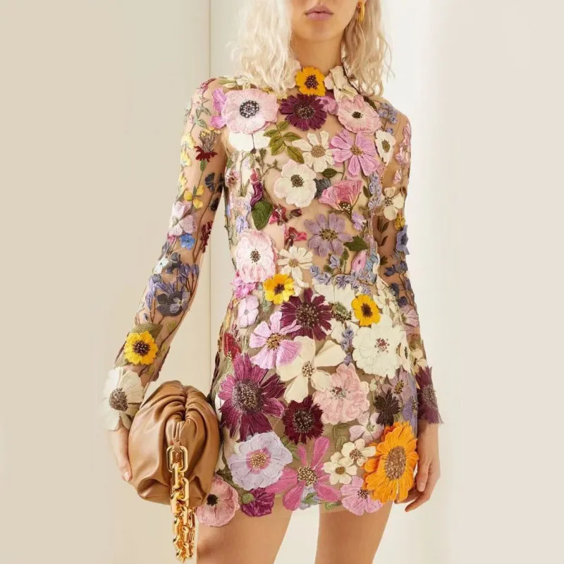 Women Summer Sweet Floral Pattern Wrapped Sexy Mini Long Sleeve Dress