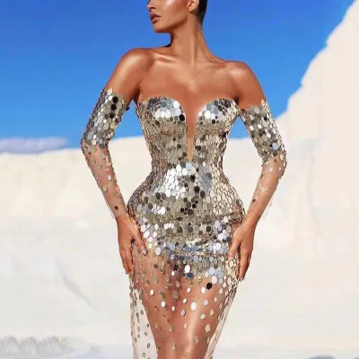 Summer Women Sequined One-Shoulder Sexy Mesh See-Through Long Evening Dress