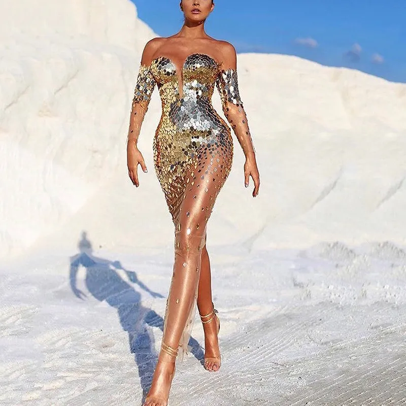 Summer Women Sequined One-Shoulder Sexy Mesh See-Through Long Evening Dress