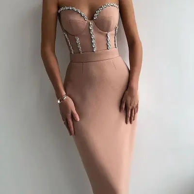 Pink Evening Dress Women High Waist Wrapped Chest Elegant Midi Dress