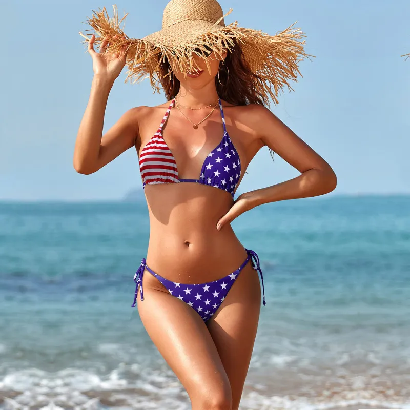 Women's Sexy Summer Vacation Star Stripe Flag 3D Print Bikini Set