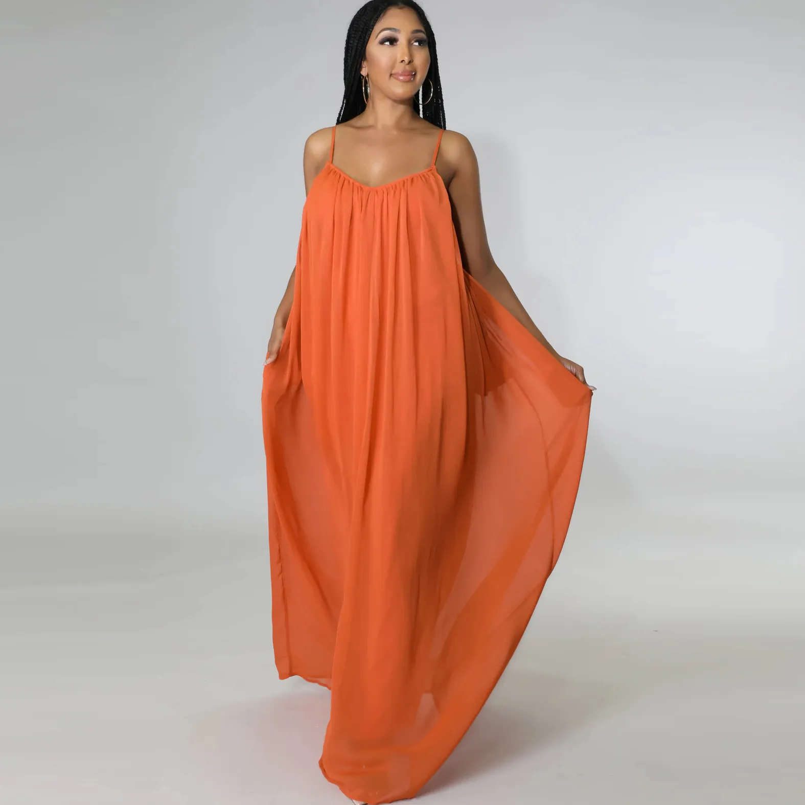Women Summer Vacation Elegant Chiffon Solid Color Suspenders Loose Maxi Dress