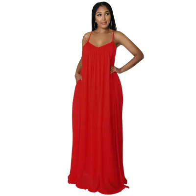 Women Summer Vacation Elegant Chiffon Solid Color Suspenders Loose Maxi Dress
