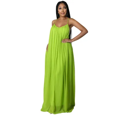 Women Summer Vacation Elegant Chiffon Solid Color Suspenders Loose Maxi Dress