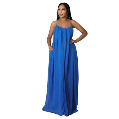Women Summer Vacation Elegant Chiffon Solid Color Suspenders Loose Maxi Dress