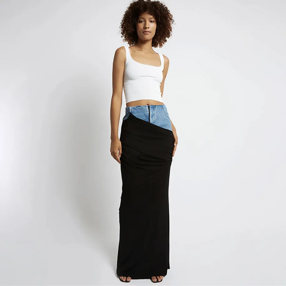 Women High Street Fashion Denim Patchwork Wrap Skirt