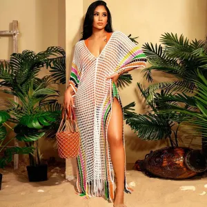 Women Summer Vacation Rainbow Color V Neck Hollow Knitted Tassel Cover-Up