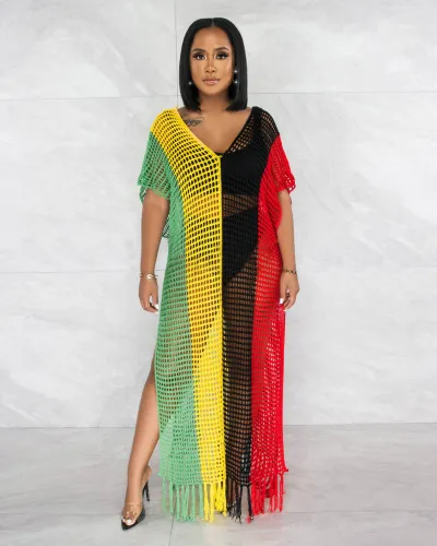 Women Summer Vacation Rainbow Color V Neck Hollow Knitted Tassel Cover-Up