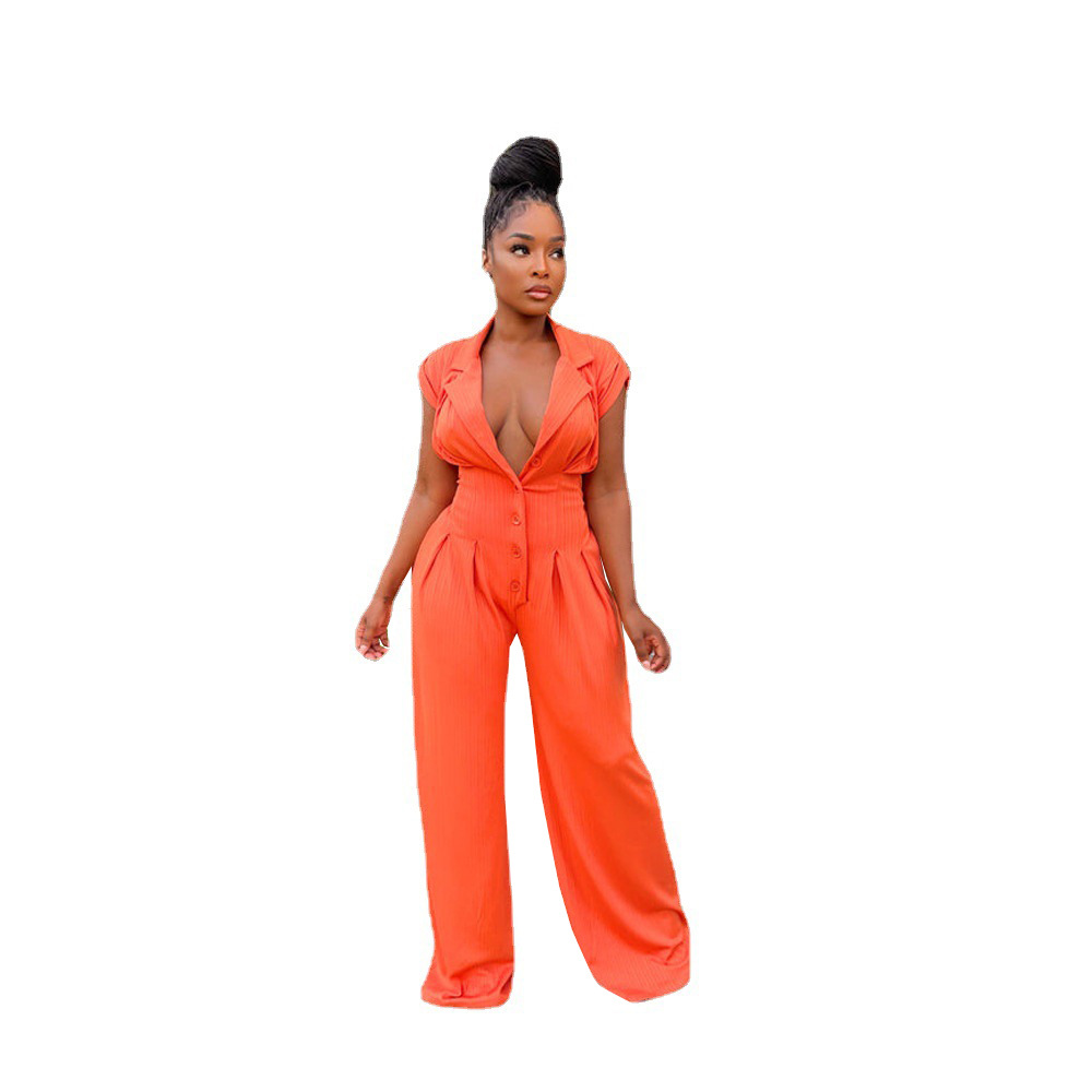 Women Fashion Elegant Buttoned Elastic Short Sleeved Wide Leg Solid Jumpsuits