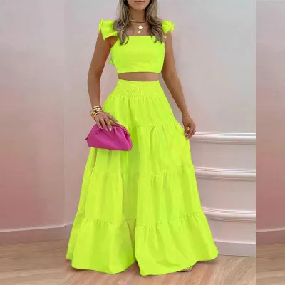 Summer Elegant Women Solid Color Ruffled Tank Top Mid-Waist Skirt Two-Piece Set