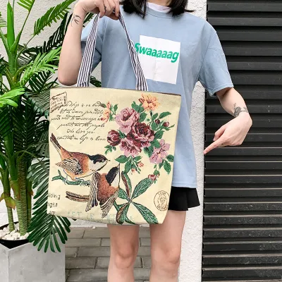 Women Ethnic Canvas Butterfly Print Large Capacity Shoulder Tote Bag