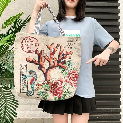 Women Ethnic Canvas Butterfly Print Large Capacity Shoulder Tote Bag