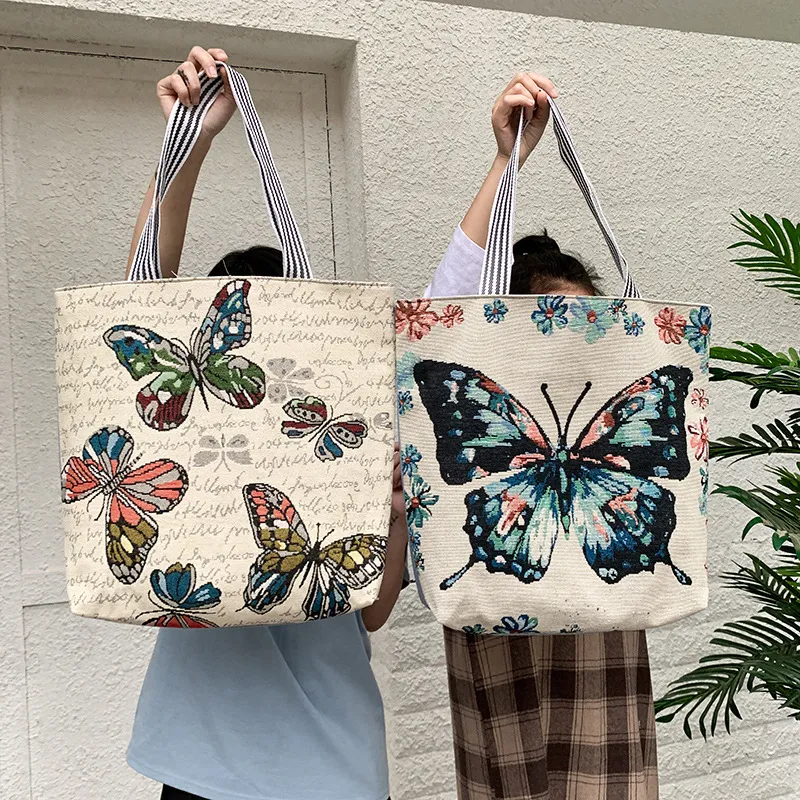 Women Ethnic Canvas Butterfly Print Large Capacity Shoulder Tote Bag