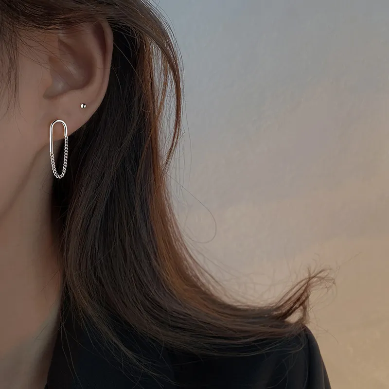 Women's Simple Sterling Silver Asymmetric Chain Earrings