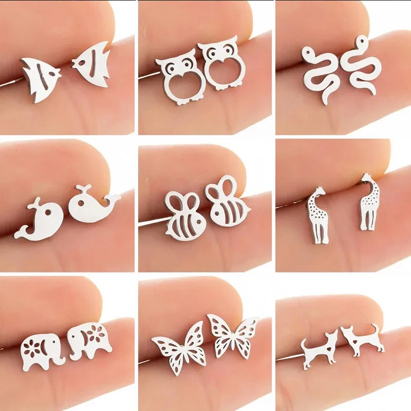 Women Fashion Hollow Eagle Owl Snake Dolphin Bee Giraffe Elephant Dog Cat Rabbit Fish Bird Penguin Stainless Steel Stud Earrings