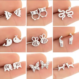 Women Fashion Hollow Eagle Owl Snake Dolphin Bee Giraffe Elephant Dog Cat Rabbit Fish Bird Penguin Stainless Steel Stud Earrings