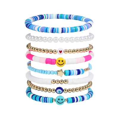 Women Fashion Stars Smiley Face Imitation Pearls Gold Beads Multicolor Polymer Clay Multilayer Bracelet Set